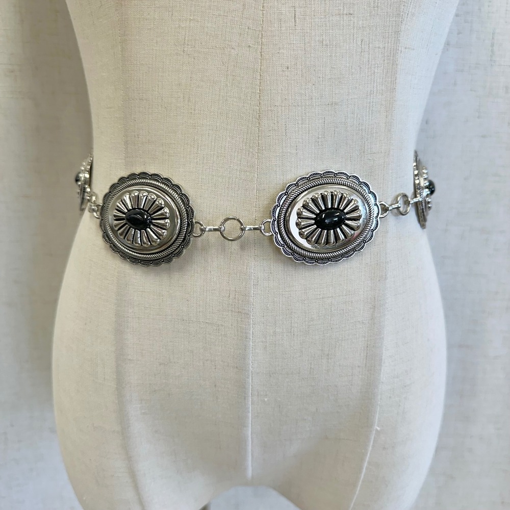 Silver Concho Chain Belt Black Faux Stone Western Boho Adjustable XS/Small